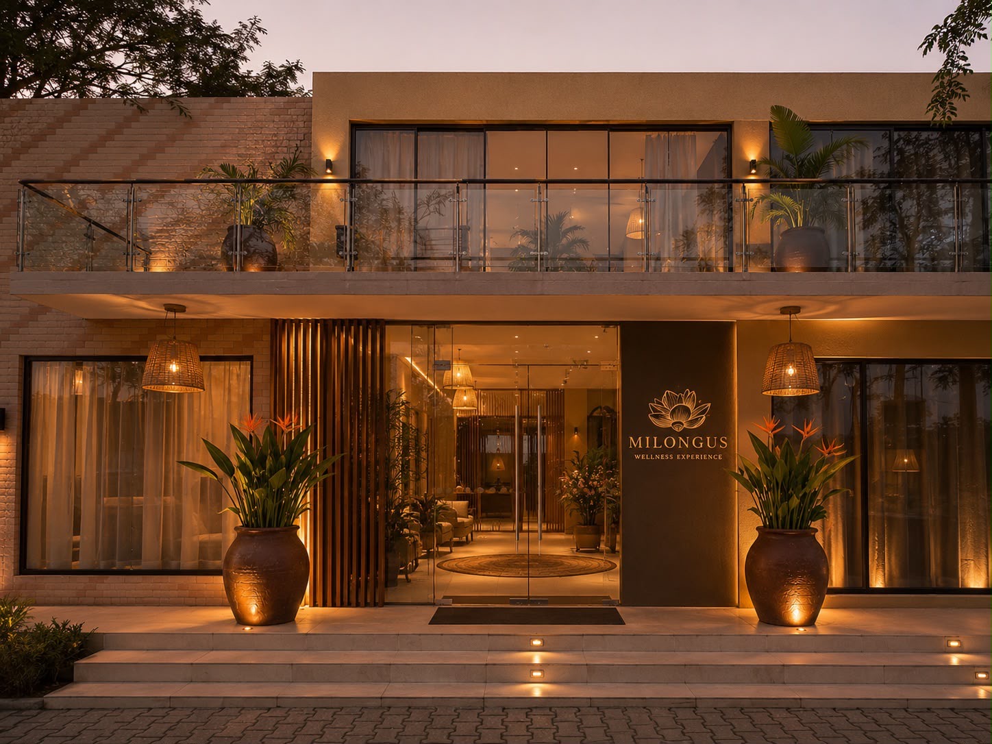 Entrada do spa Milongus Wellness Experience ao anoitecer